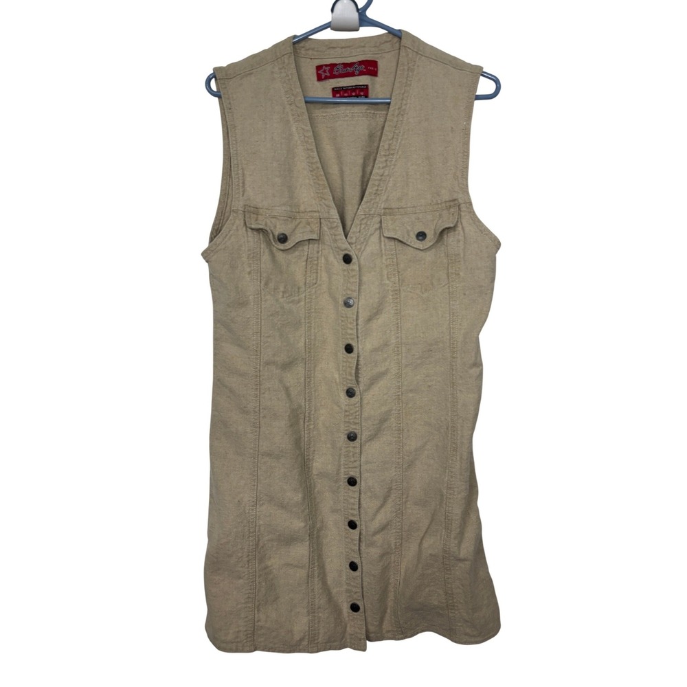 Y2K Blue Age Paris Tan Linen Cotton Button Front Vest Mini Dress Safari Tunic